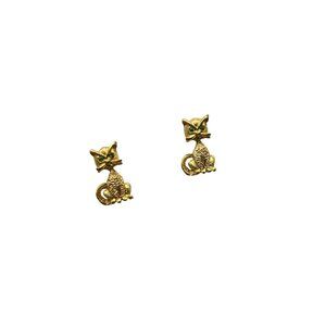 Vintage Gold Tone Cat Earrings Studs with Green Eyes Pierced Small Kitty Cat